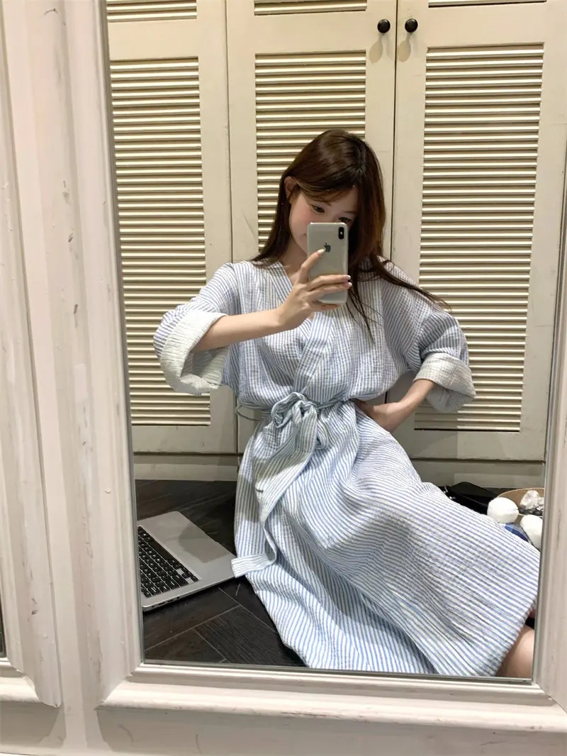 Blue Striped Nightgown, Women's Spring and Summer Long Sleeved Loose and Simple Casual Morning Gown, Home Wear, Nightgown