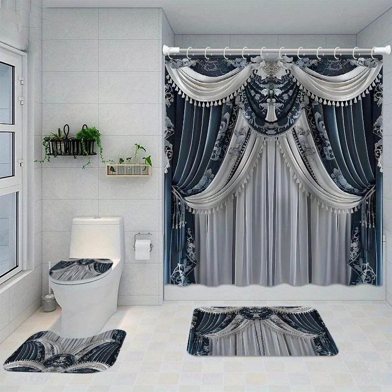 防水シャワーカーテンセット,バスルームマット,滑り止めカーペット,ポリエステル,便座カバー,12フック,家の装飾,1個,4個