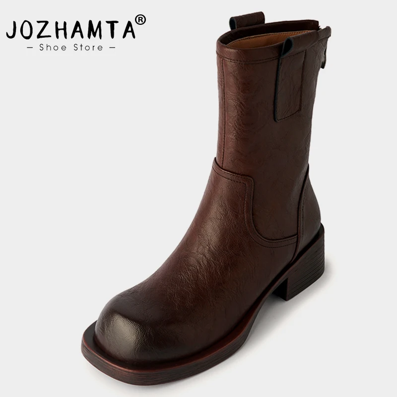 

JOZHAMTA Size 34-40 Vintage Women Short Boots Mid Calf Retro Knight Boots Genuine Leather Chunky Heels Shoes Fall Winter 2024