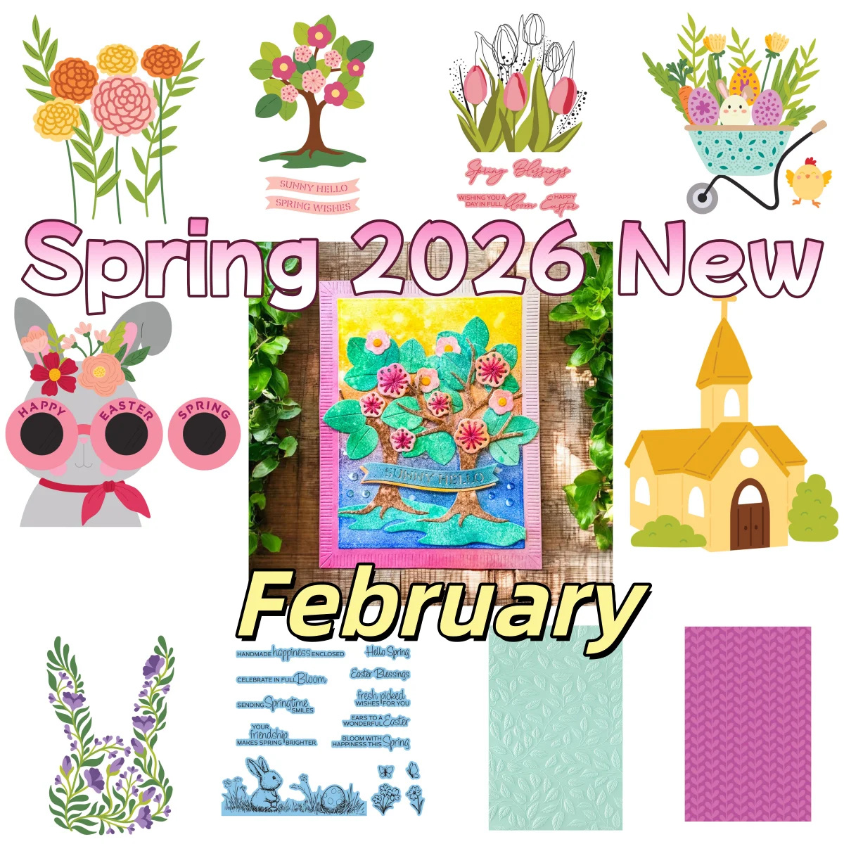 

Spring 2026 New Botanical Bunny Tree Petal Leaves Metal Cutting Dies Clear Stamps Stencil Hot Foil for DIY Scrapbook Card Easter