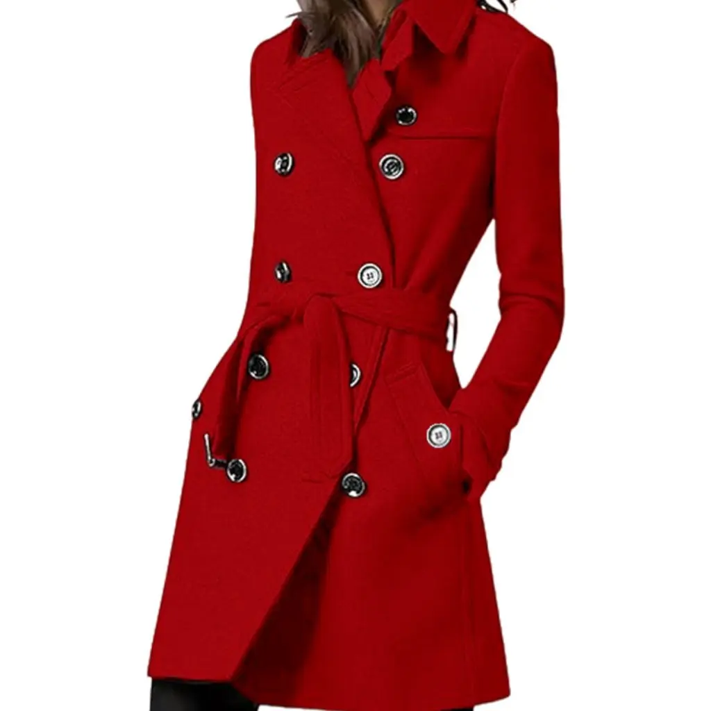 

Women's Long Woolen Coat Double-breasted Lace-up European American Style Fall/Winter New Fashion Single Piece Outerwear