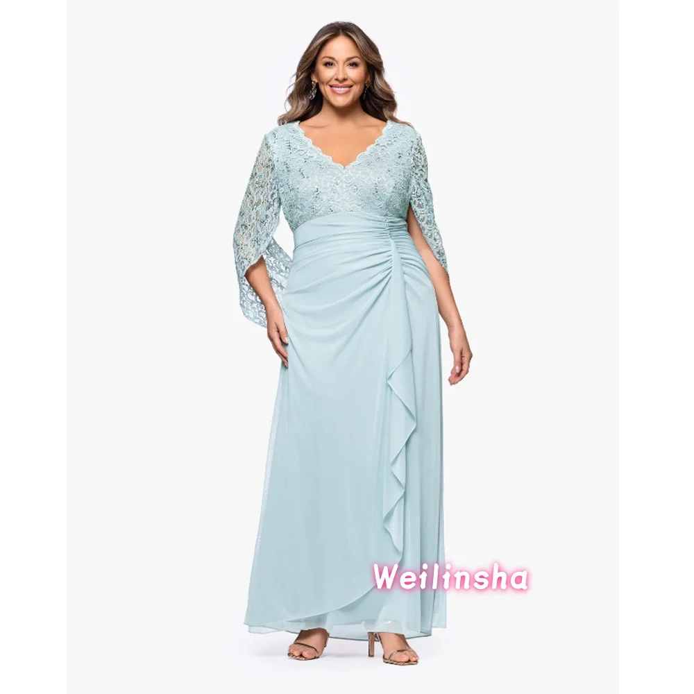 

Элегантные шифоновые платья для мам невесты с кружевными оборками, V-образным вырезом, длинные, для гостей на свадьбу, больших размеров.