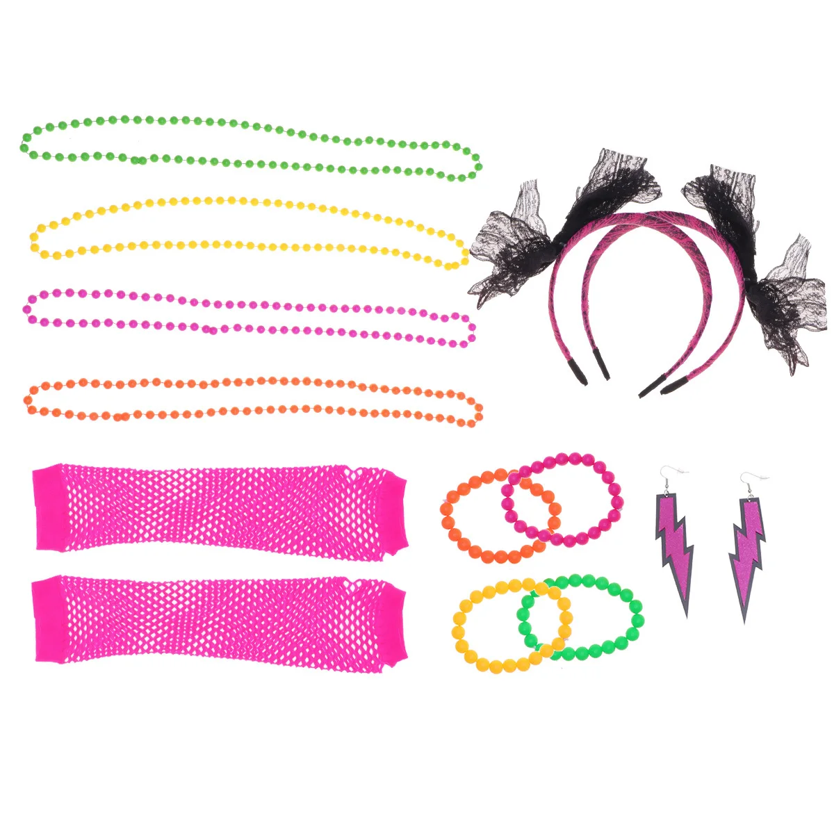 1쌍 80년대 스타일 의상 액세서리 화려한 목걸이 팔찌 귀걸이 망사 장갑 레이스 헤어밴드 댄스 쇼 파티용