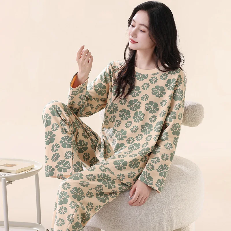 Women Pure Cotton Pijamas Geometric Print Pajama Sets Sleepwear Long Sleeve Tops+Long Pants Pajamas Home Clothing Pyjamas Female