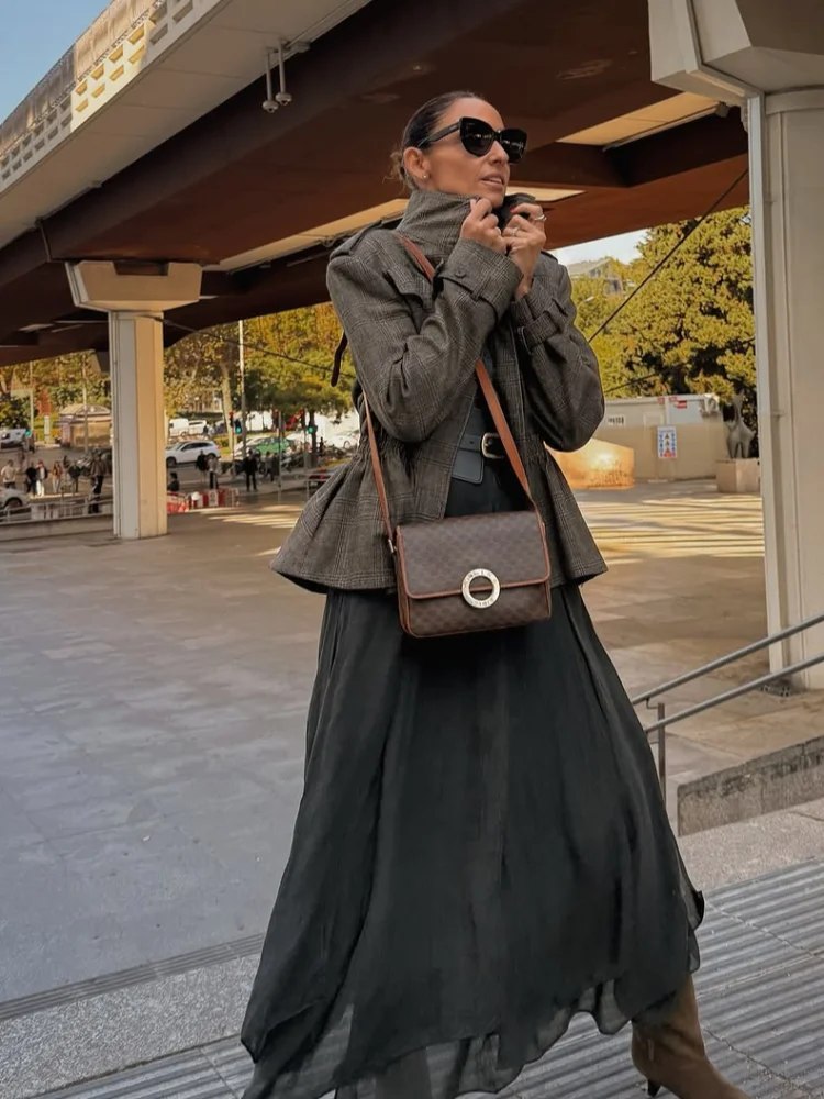 

Women Casual Fashion Plaid Waist Cinching Coat Stand Collar Single Breasted Pocket Short Jackets Lady 2025 Commute Street Wear