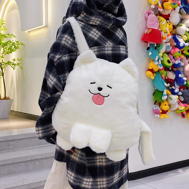 Mochila japonesa para mujer, bonita mochila de perro de peluche blanco gordo, mochila escolar para muñeca de dibujos animados para niña