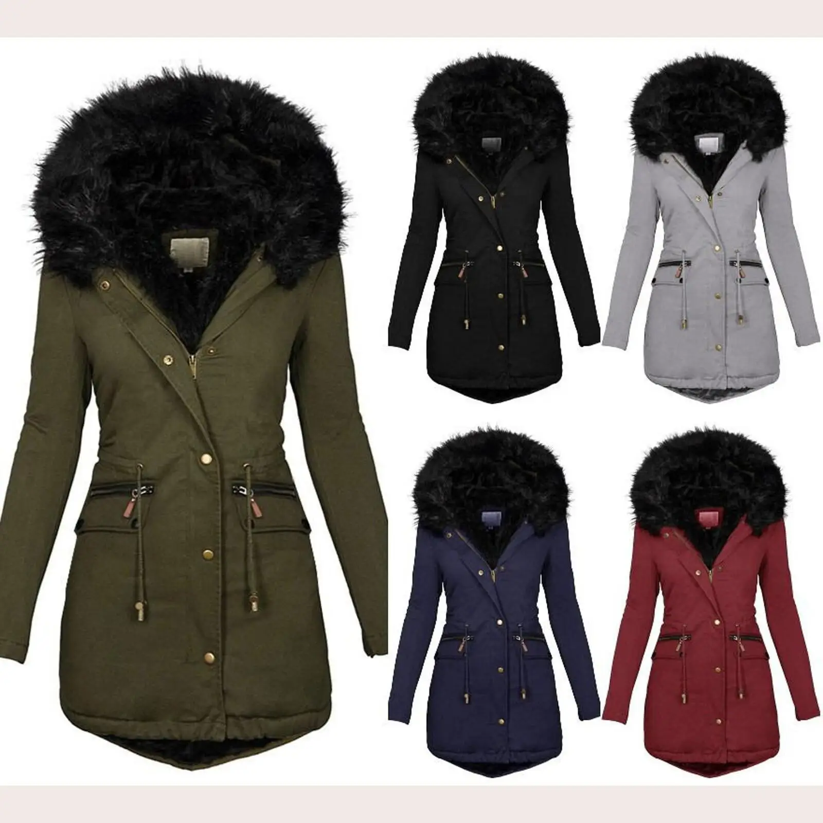 Damen Wollmantel 2026 Herbst Winter Einfarbig Pelzkragen Kapuzenjacke Dick Warm Wattierte Jacke für Damenbekleidung