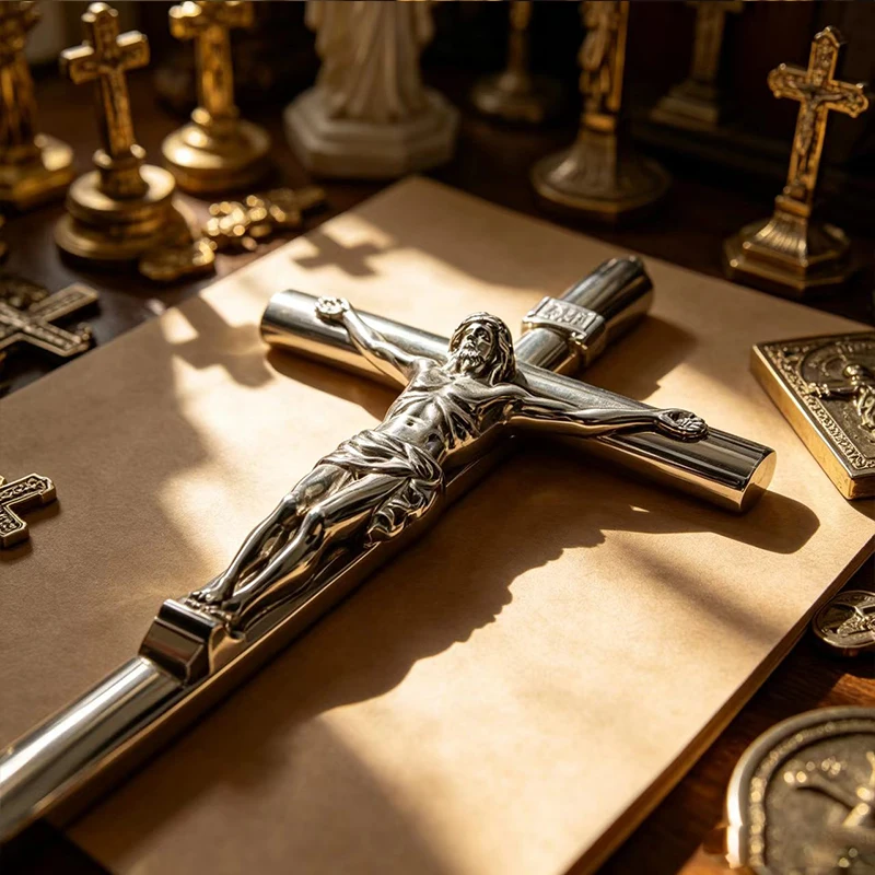 Metall-Kruzifix Jesus-Kreuz Schreibstift Religiöses Katholisches Christliches Geschenk Gold Silber Bronze Büro- und Schulbedarf – Detail 4