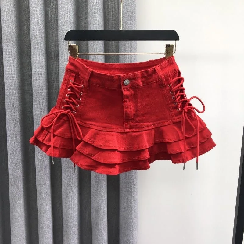 

Girls Korean Fashion Versatile Denim Skirt 2026 Spring Summer New Elastic High Waist Ruffle Edge Puffy Short Skirt