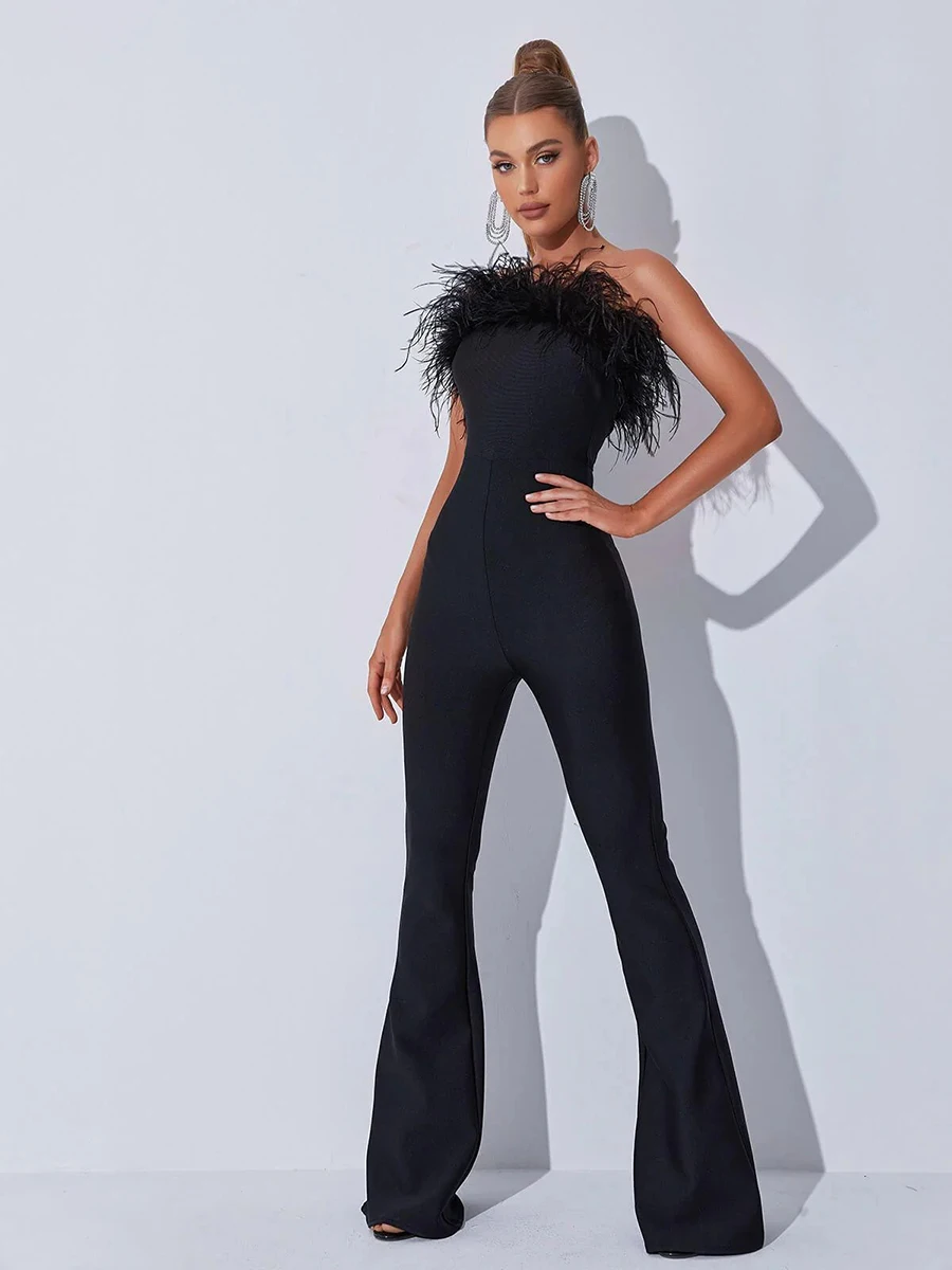 RORORIRI Black Fur Trim Corset Jumpsuit Women Feather Spliced Sexy Strapless Overalls Flare Wide Leg Bib Pants Vintage Clothing