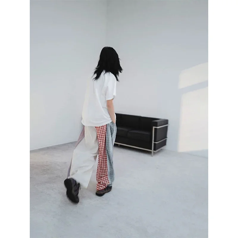 原宿ワイドレッグパンツ女性ファッションチェック柄パッチワークパンツ夏の新ヴィンテージカジュアルストレート女性のズボン