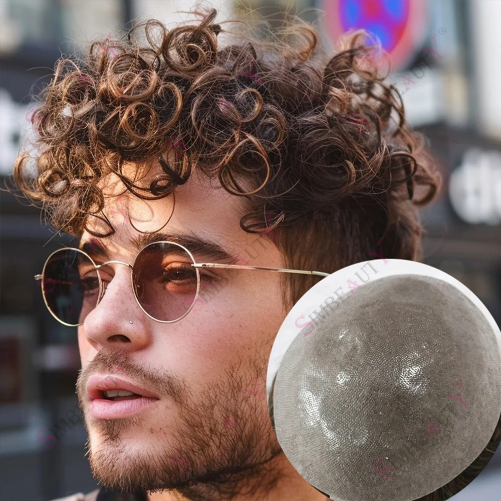 

Необнаружимые супер натуральные волосы, человеческие волосы, мужской парик, 22 мм, вьющиеся, ультратонкая кожа, 0,06 мм, система замены шиньонов Vloop