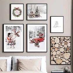 Winter Snow Scenery Picture Canvas Painting Wall Art Elk Pine Wood Landscape Poster and Print for Modern Home Christmas Decor