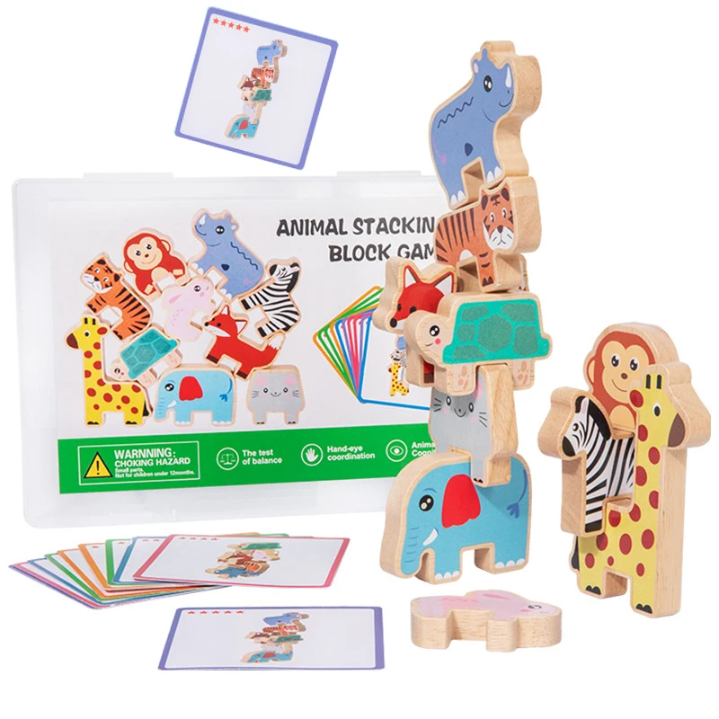 Wooden Animal Stacking Blocks Balance Game Montessori Early Learning Toys Kids Balance Sensory Training Fine Motor Training Toys view 2