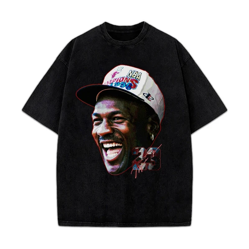 تي شيرت مايكل جوردان بطولة 1996 باللون الأبيض مطبوع للرجال والنساء فضفاض بأكمام قصيرة مناسب لجميع المواسم