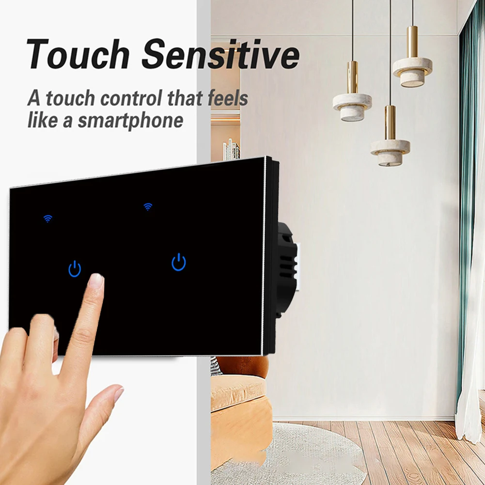 

2 Way Touch Switch System Voice Control Switch Smart WiFi Switch Tempered Glass Panel Voice Activation Feature