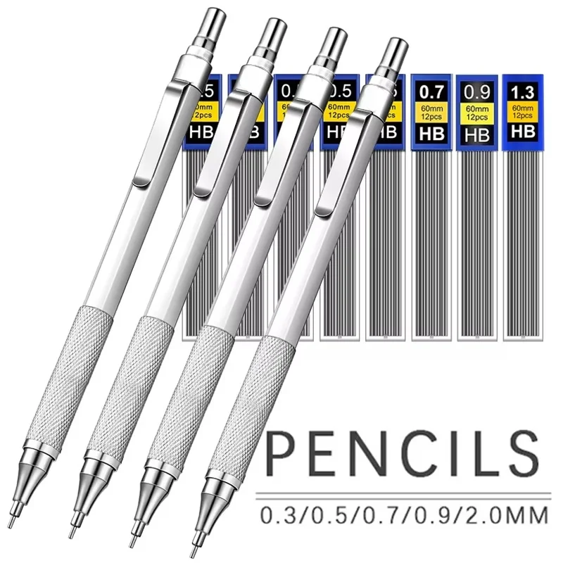 Full Metal Mechanical Pencil Set 0.3mm 0.5mm 0.7mm 0.9mm 1.3mm 2.0mm HB Automatic Pencil For Art Drawing Writing Sketchin Pencil
