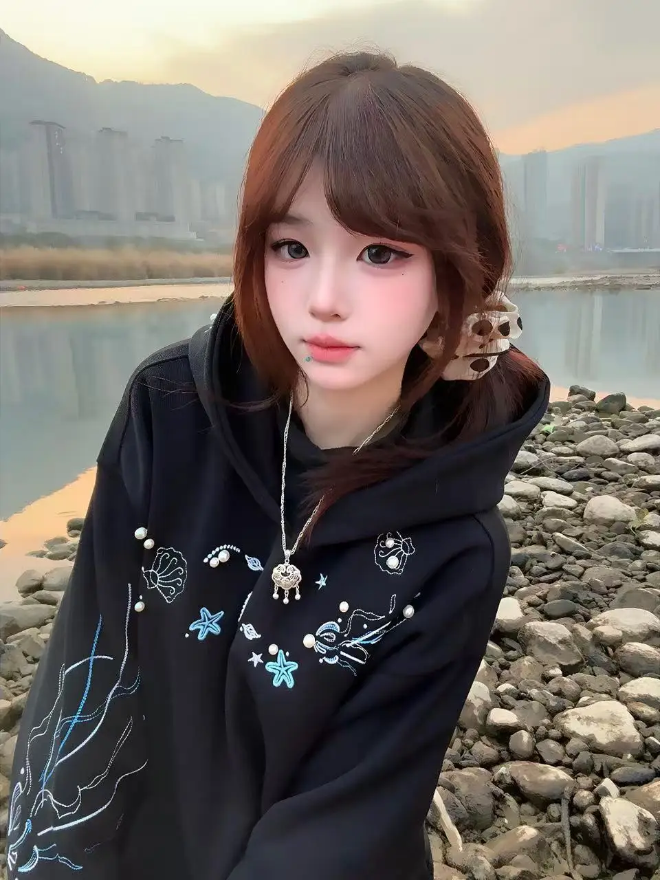 

American High Street Sle ell Embroidery Hoodie Women's Spring Autumn Loose Couple Outerwear Casual Comfortable Sweatirt