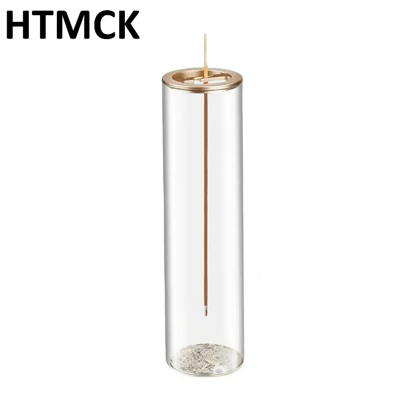 Glass Incense Holder Tube, Vertical Stick Incense Burner with Brass Top, Ash Catcher Anti-scattering Clear Incense Holder