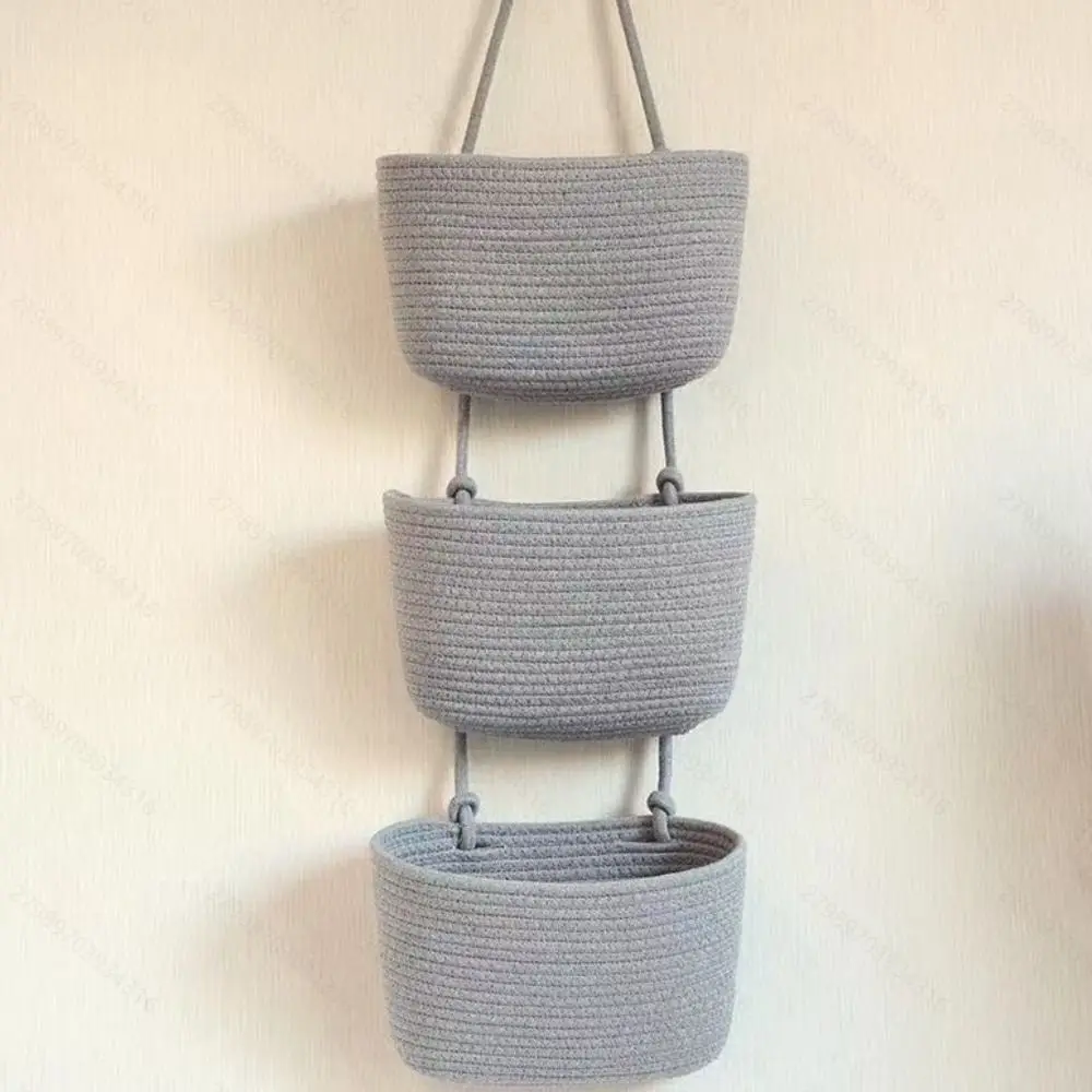 3-Tier Multi Pocket Hanging Baskets Woven Cotton Tassel Woven Hanging Organizer Multi-Purpose Handwoven Wall Hanging Pouch