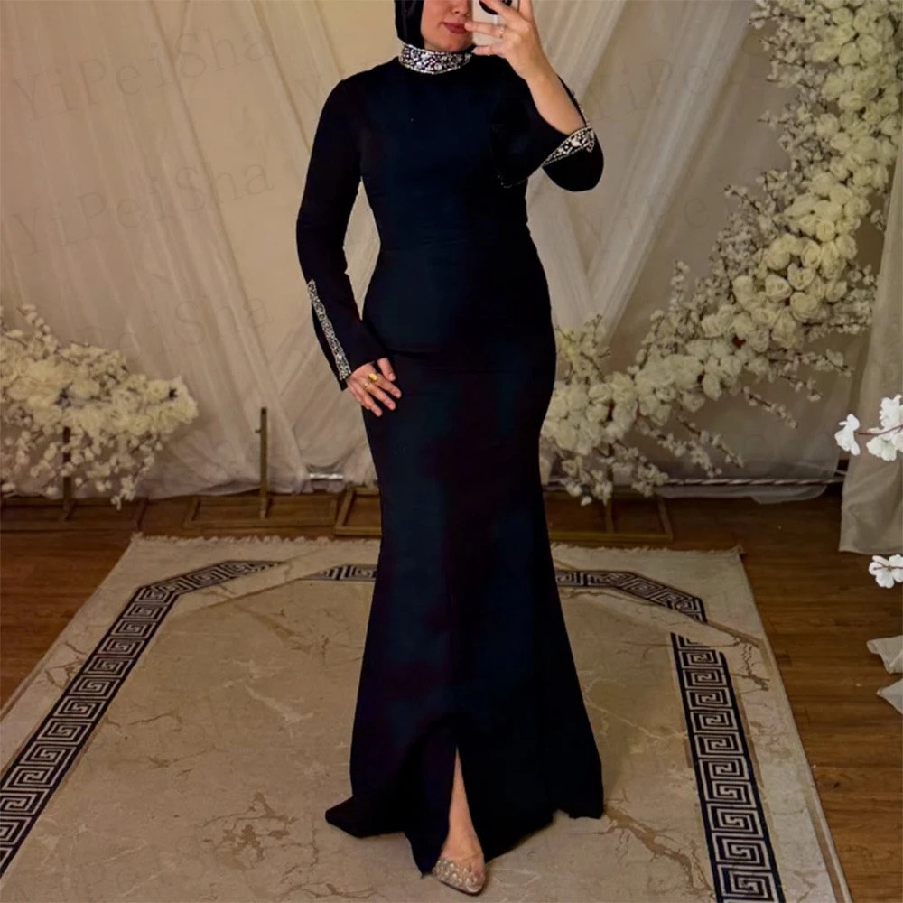 

Customized Black A-Line Prom Dresses Floor-Length High-Neck Full Sleeve Evening Gown Simple Draped Fashion Sequined Party Gown