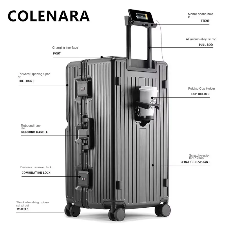 COLENARA 26"Luggage Travel Bag Front Opening Laptop Aluminum Frame Trolley Case 28"Password Case 30"ABS+PC Rolling Suitcase