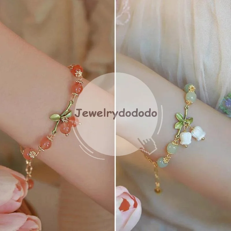 Fashion Red Flower Beaded Bracelet For Women Vintage Elegant Crystal Shell Flower Charm Bracelet Jewelry Party Gift