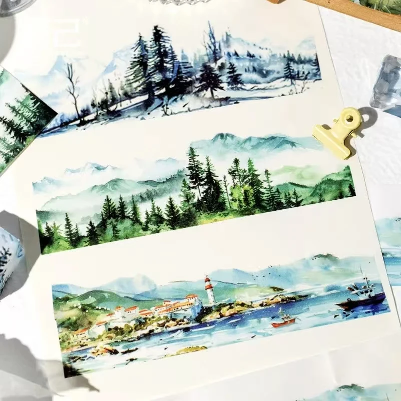 50mm*200cm Washi Paper Tapes Hill Trees Junk Journal Adhesiva Scrapbooking Paper Diary Decoration Stickers Stationery