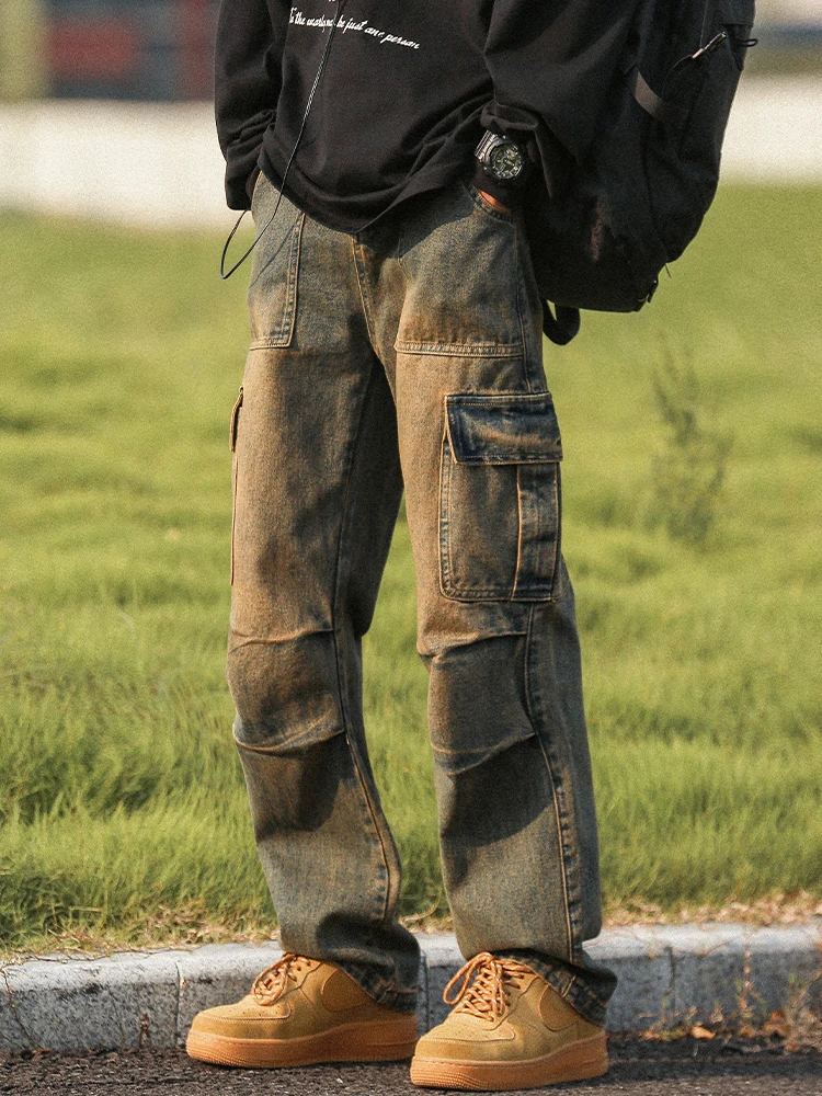 

Американские ретро-джинсы для мужчин: свободные прямые брюки, модные длинные штаны в стиле High Street, молодежные повседневные брюки с энергичным дизайном