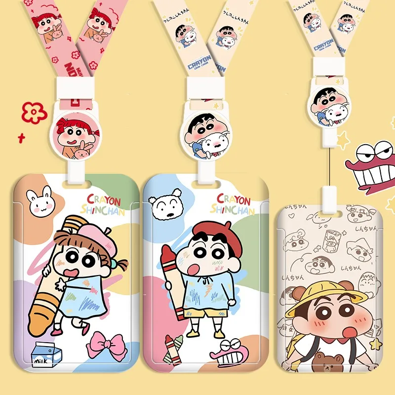 

Раздвижной держатель для карт Crayon Shin-chan в стиле аниме с телескопической шейной веревкой, студенческие держатели для карточек еды, автобусных карт