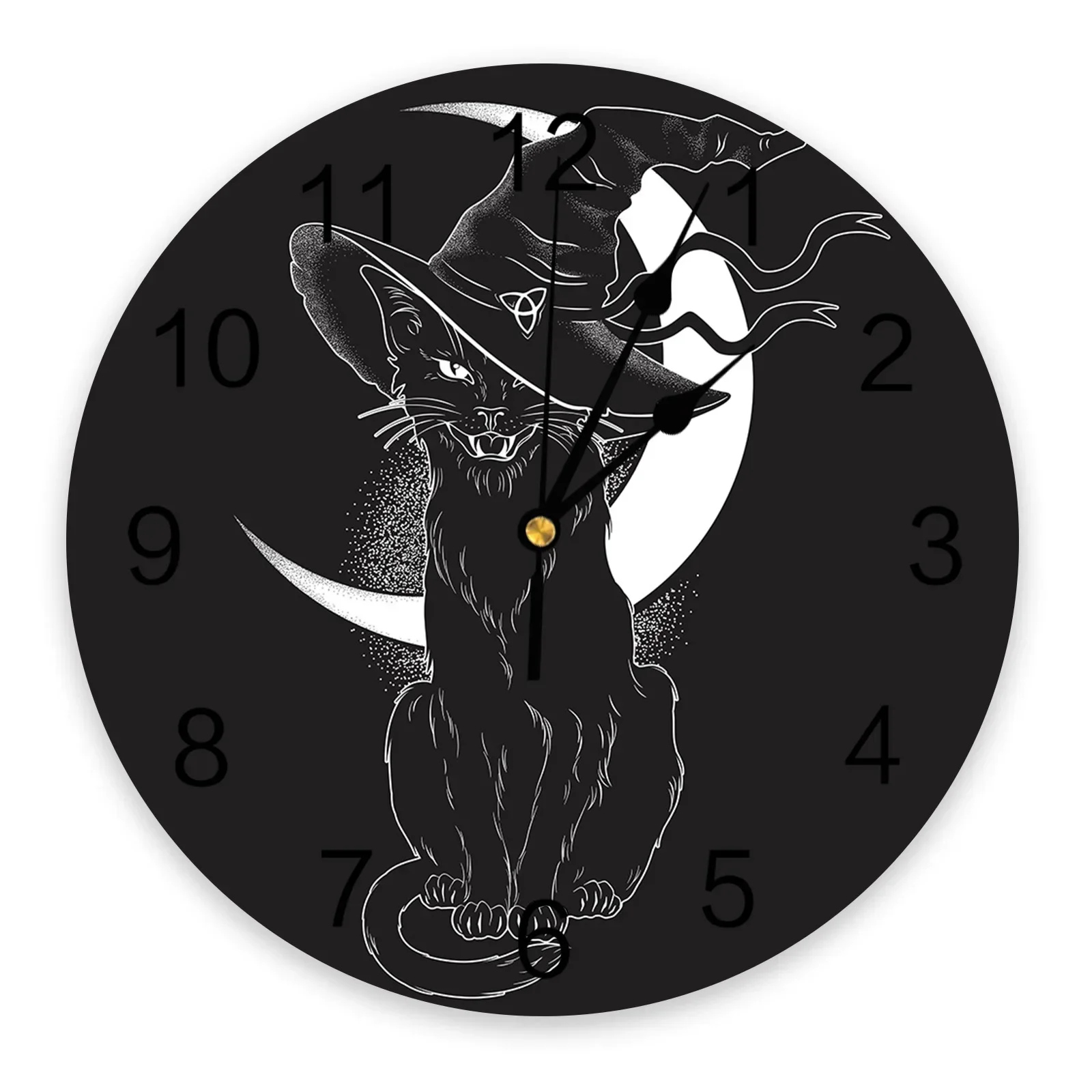 Black Cat Moon Round Wall Clock Acrylic Hanging Silent Time Clock Home Interior Decor Bedroom Living Room Office Decoration