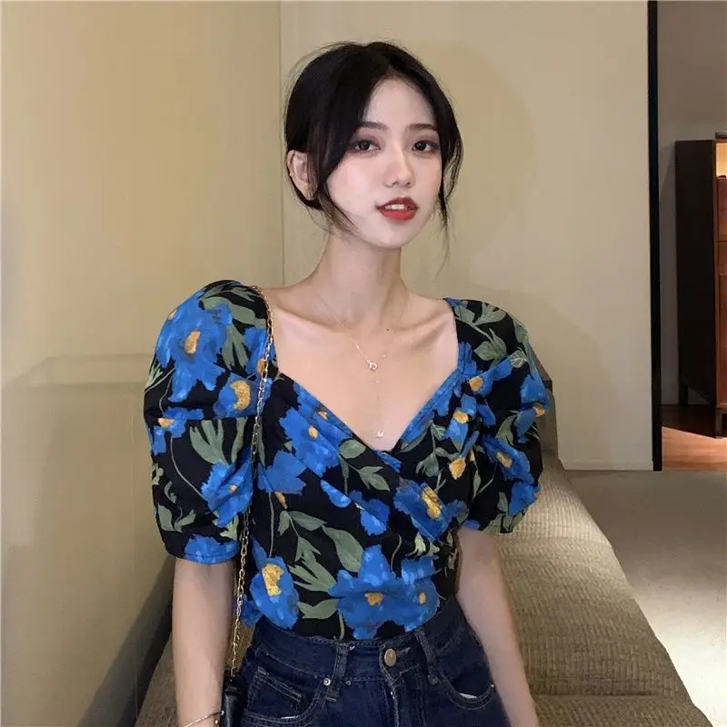 

French Blue Floral Bubble Sleeve Square Collar Blouse Women Summer Slim Aesthetic Temperament All-Match Graceful Casual Hot