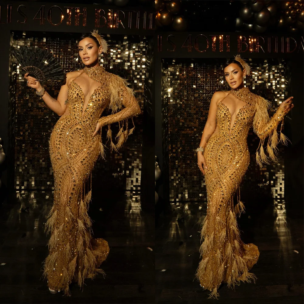 

Modern Evening Dresses One Shoulder Crystal Prom Dress Long Sleeves Beaded Feather Customized Party Gowns Vestidos De Noche