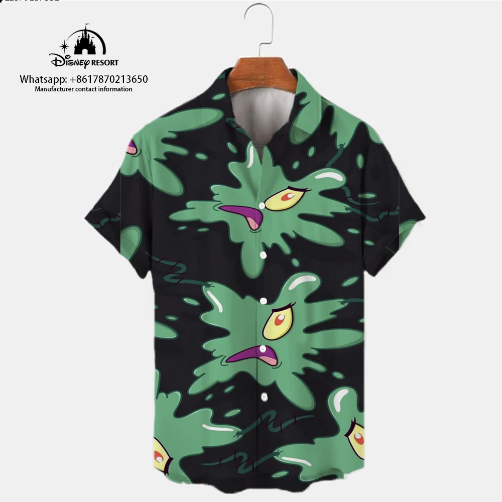 Camisa casual de Bob Esponja fofa masculina, lapela versátil na moda, manga curta, anime, rua, novo, harajuku, verão