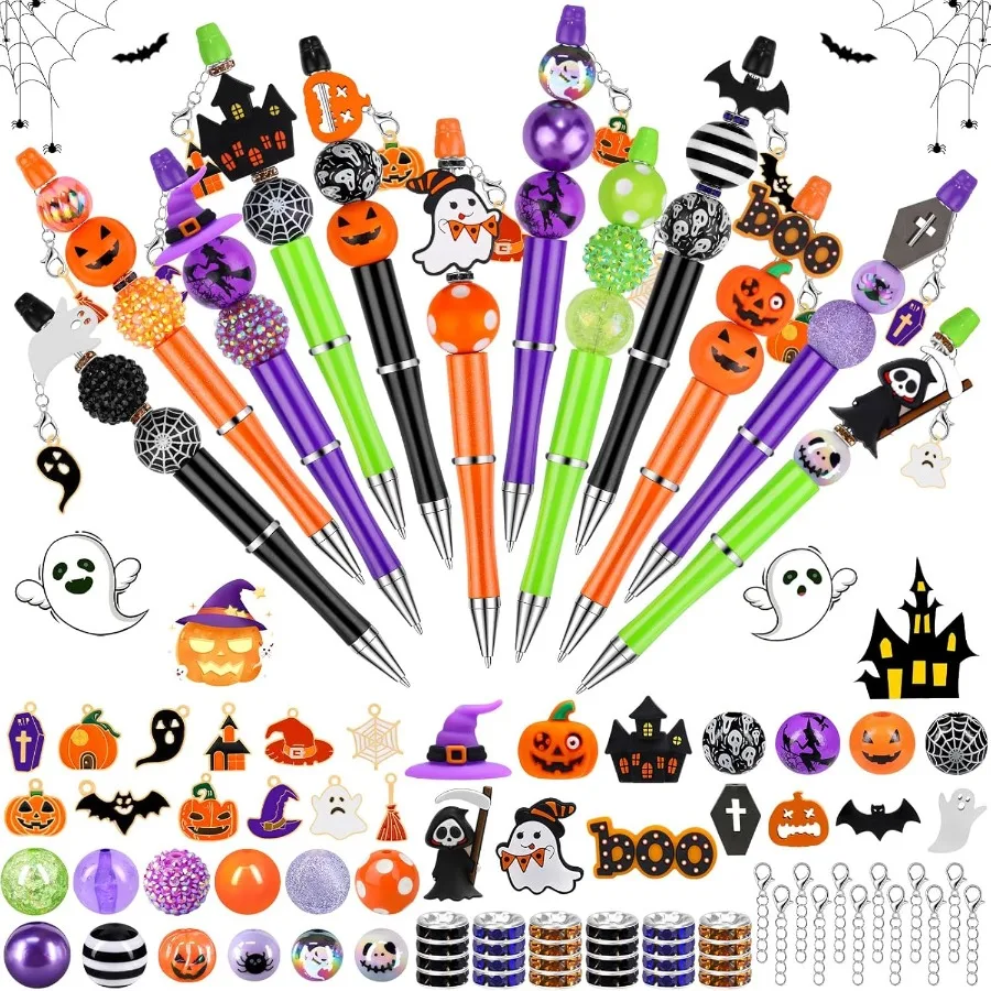 

12 Sets Halloween Beadable Pens DIY Pen Making Kit with Bubblegum Beads Silicone Focal Beads Craft Beads Charms Ballpoint Pens