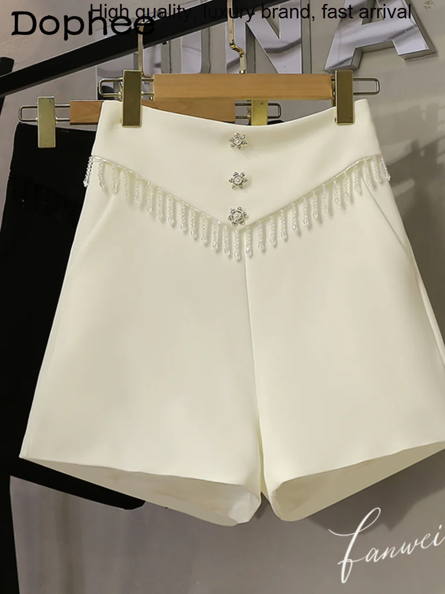 

Women Summer Suit 2023 New Chic Beads Tassel High Waist Slimming A- Line Black Casual Wide-Leg Shorts Outer Wear