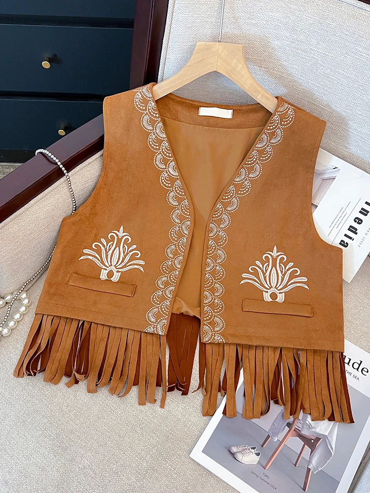 

Spring Summer Women's Ethnic Style Brown Suede Embroidered Vest Vacation Wear Artistic Temperament Versatile Short Vest Top D55