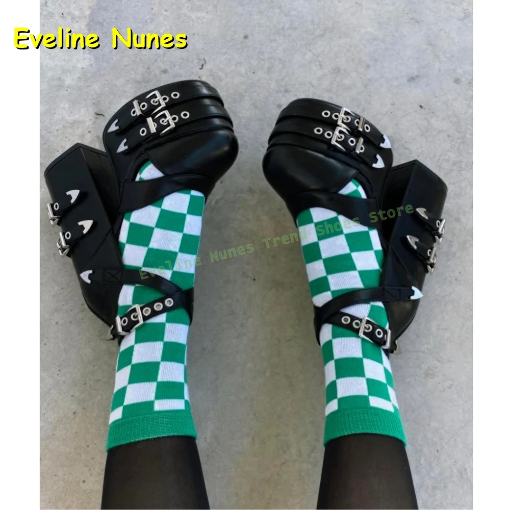 

Women's Black Buckle Strap Platform Chunky Heel Sandals Punk Round Toe Thick Sole Shoes for Y2K Gothic Streetwear Summer 2026