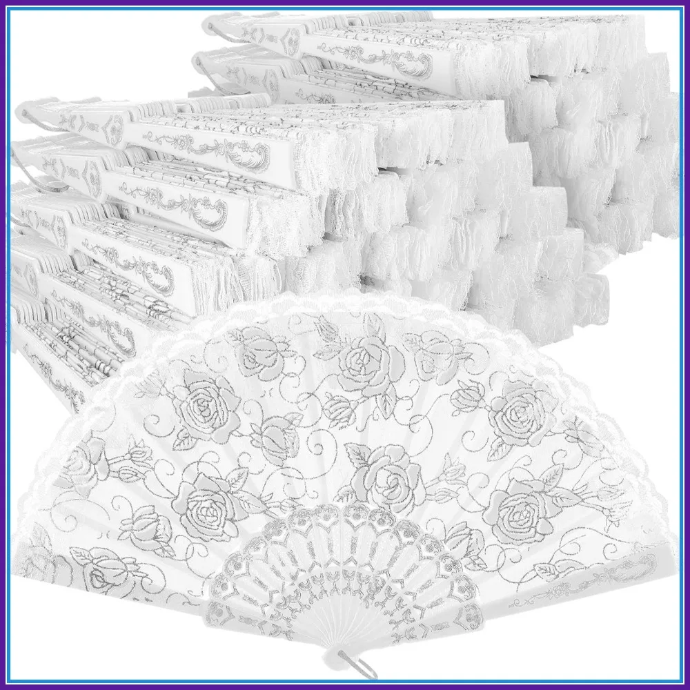 

70 Pcs Lace Floral Hand Fans, 9 Inch Folding Fans for Wedding Party Church Ladies Girls Favors (Silver)