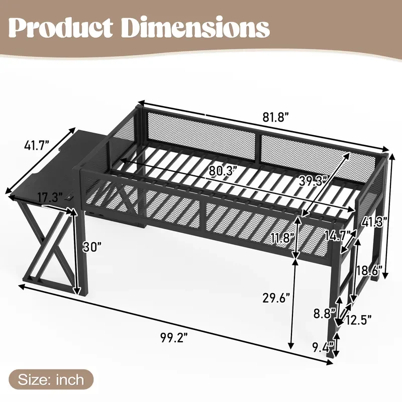 Industrial Loft Bed with Mesh Guardrail and Computer Desk Space Saving Metal Frame for Gaming Room Dormitory