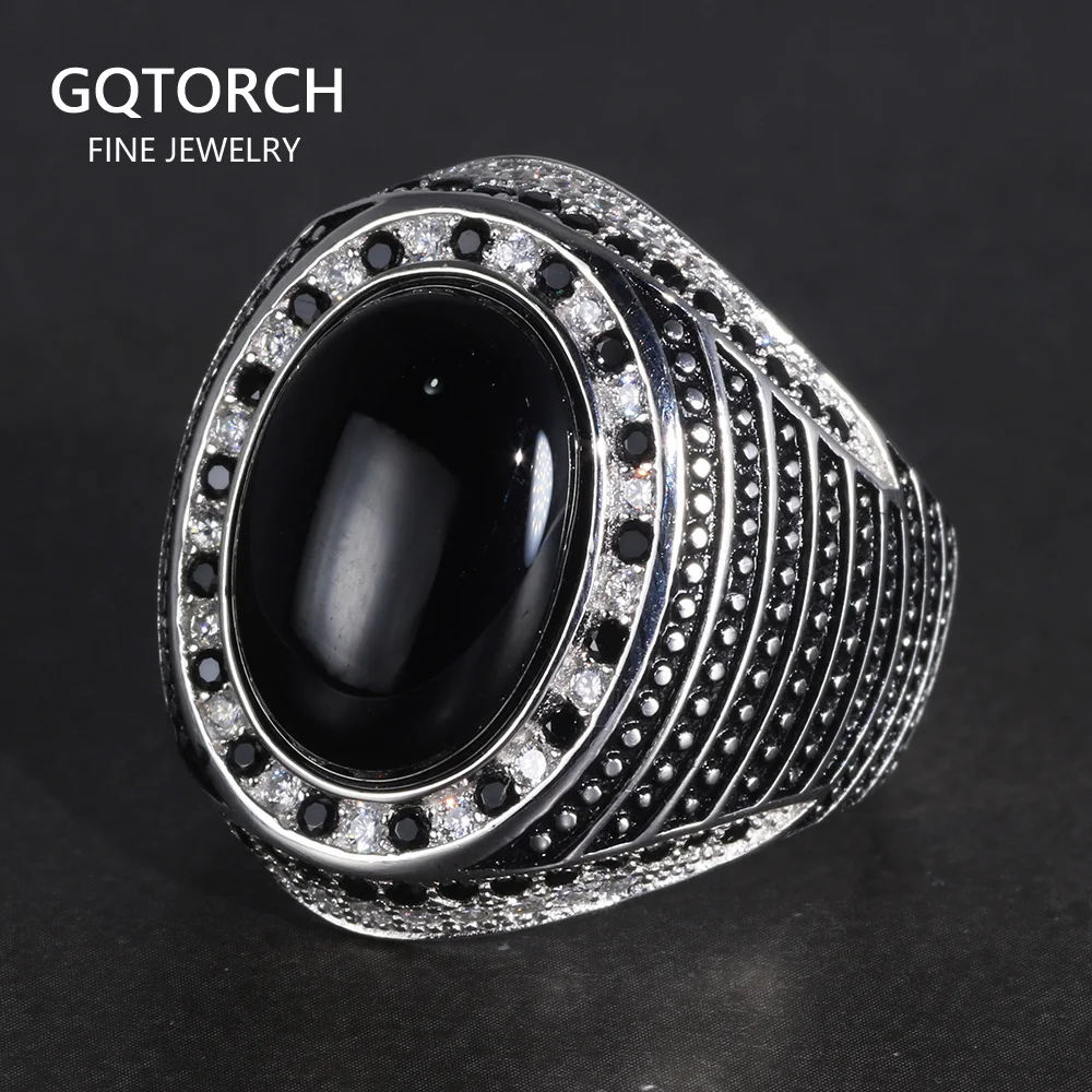 Real Pure 925 Sterling Silver Rings For Men With Natural Onyx paved with Black Zircon Turkish Finger Rings Man Wedding Band