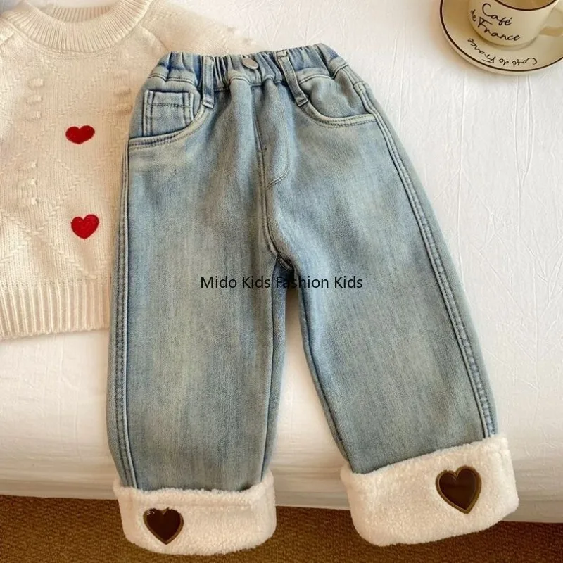 Girls padded trousers 2025 autumn and winter new fashion straight thickened jeans female treasure foreign wide-legged trousers