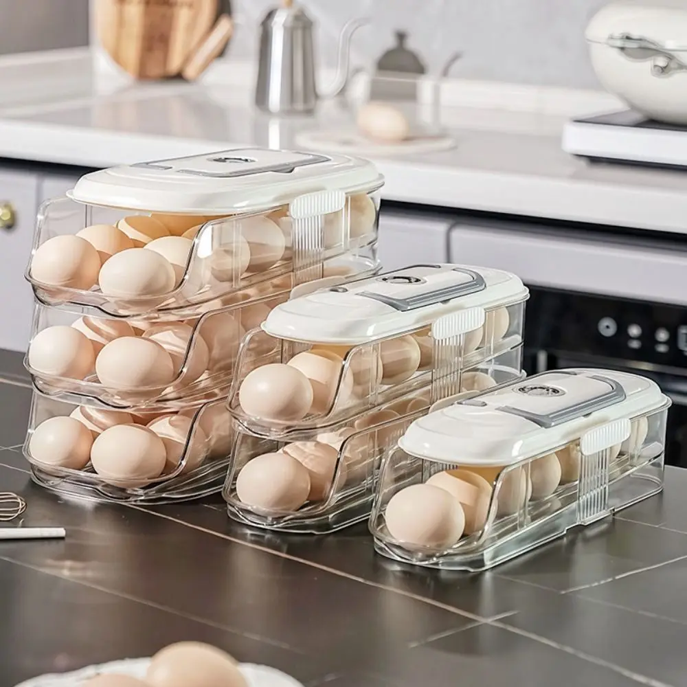 

Transparent Automatic Rolling Egg Container Stackable Large Capacity Refrigerator Egg Storage Box with Lid Space Saving