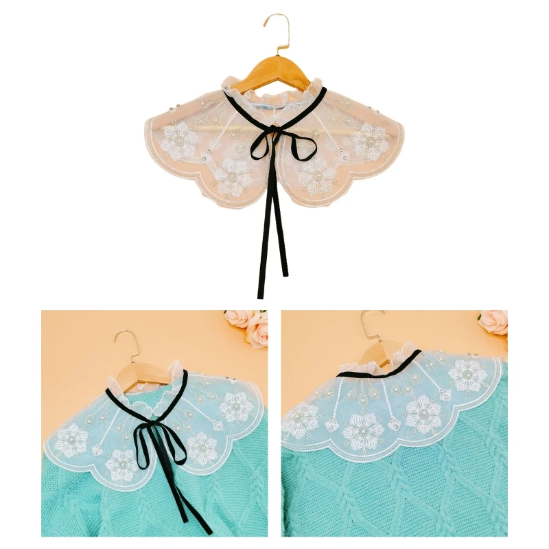 Women Elegant Frill Ruffled False Collar Shawl Scarf Lace-Up Ribbon Bow Necklace Faux Pearl Beaded Embroidery Floral Poncho F3MD