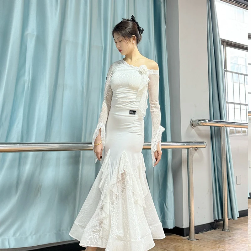 볼룸 댄스 경연 대회 드레스 여성 레이스 오블리크 숄더 탑 스커트 왈츠 댄스 의상 댄스 파티 클럽 볼룸 댄스 드레스 14632