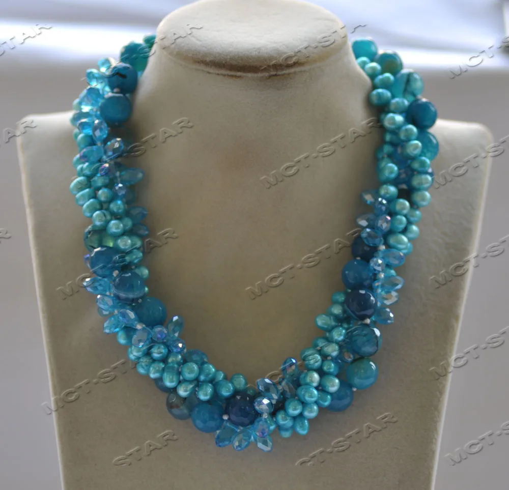 

MTC·STAR Z12683 4Row 18" 20mm Blue Faceted Round Agate Drop Crystal Rice Pearl Necklace