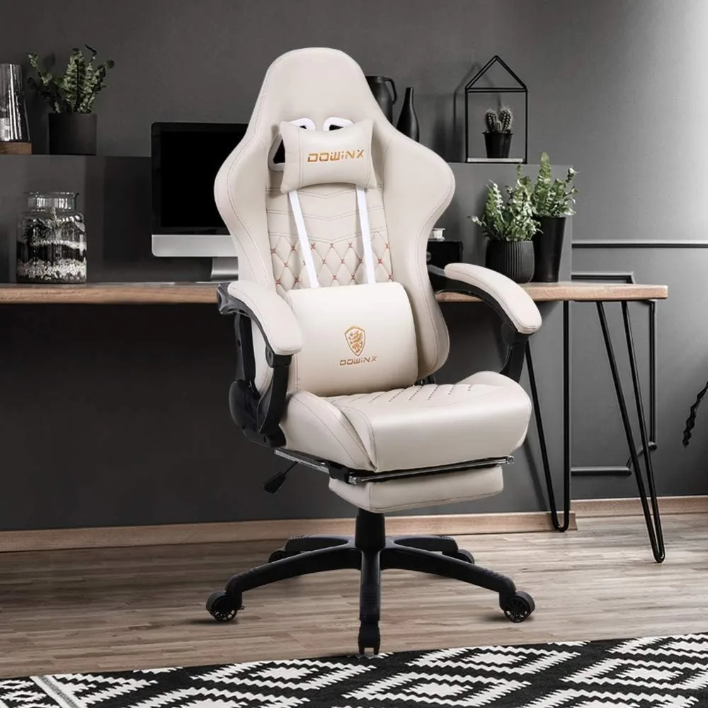 Gaming Chair Office Desk Chair with Massage Lumbar Support, Vintage Style Armchair PU Leather E-Sports Gamer Chairs