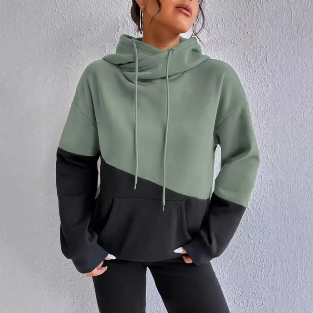 Lady Fall Winter Hoodie Colorblock Drawstring Hooded Sweatshirt Elastic Cuffs And Hem Thick Sport Fitness Top With Big Pocket