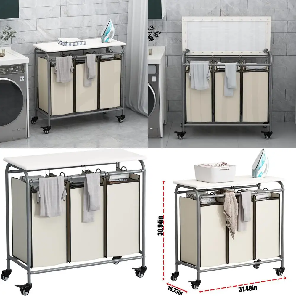 

Rolling Heavy-Duty Laundry Sorter with Lockable Wheels, Ironing Board, and Removable Bags, Beige