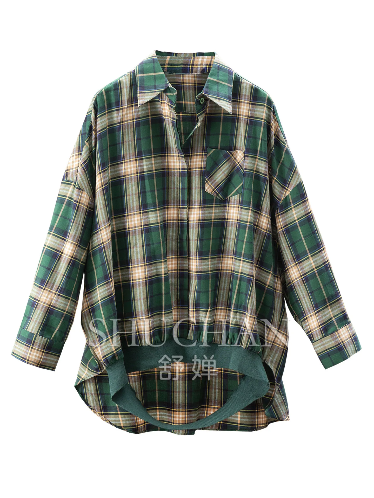 plaid shirt Genius Design  Legal Concave Shape Loose Rib Arc Pendulum 100% Cotton Shirt Women's 89M9
